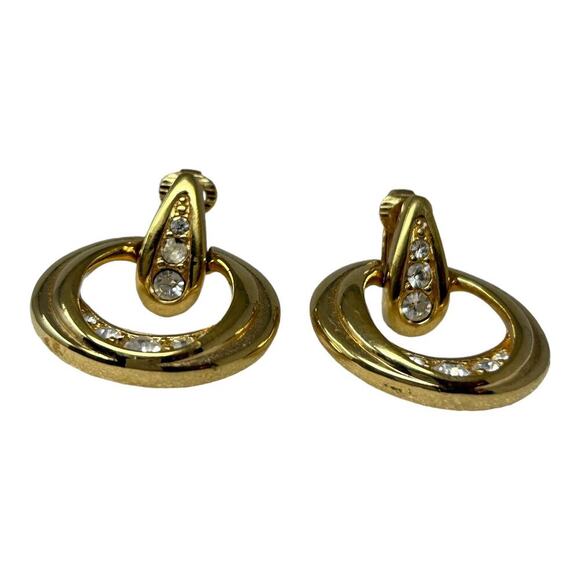 Swarovski Swan Logo Crystal & Gold Tone Dangle Hoop Clip Earrings Minimalist - Picture 9 of 16